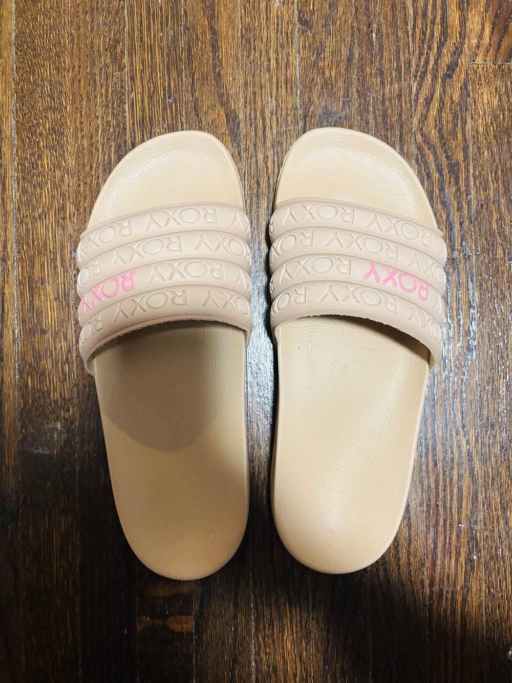 ROXY, Women's Slide Sandals in Beige with Pink Logo, Size 10